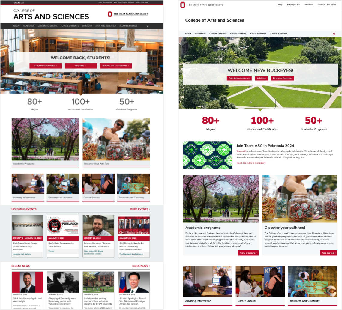 Previous homepage (left) and Phase 1 (right) of homepage with BUX integration