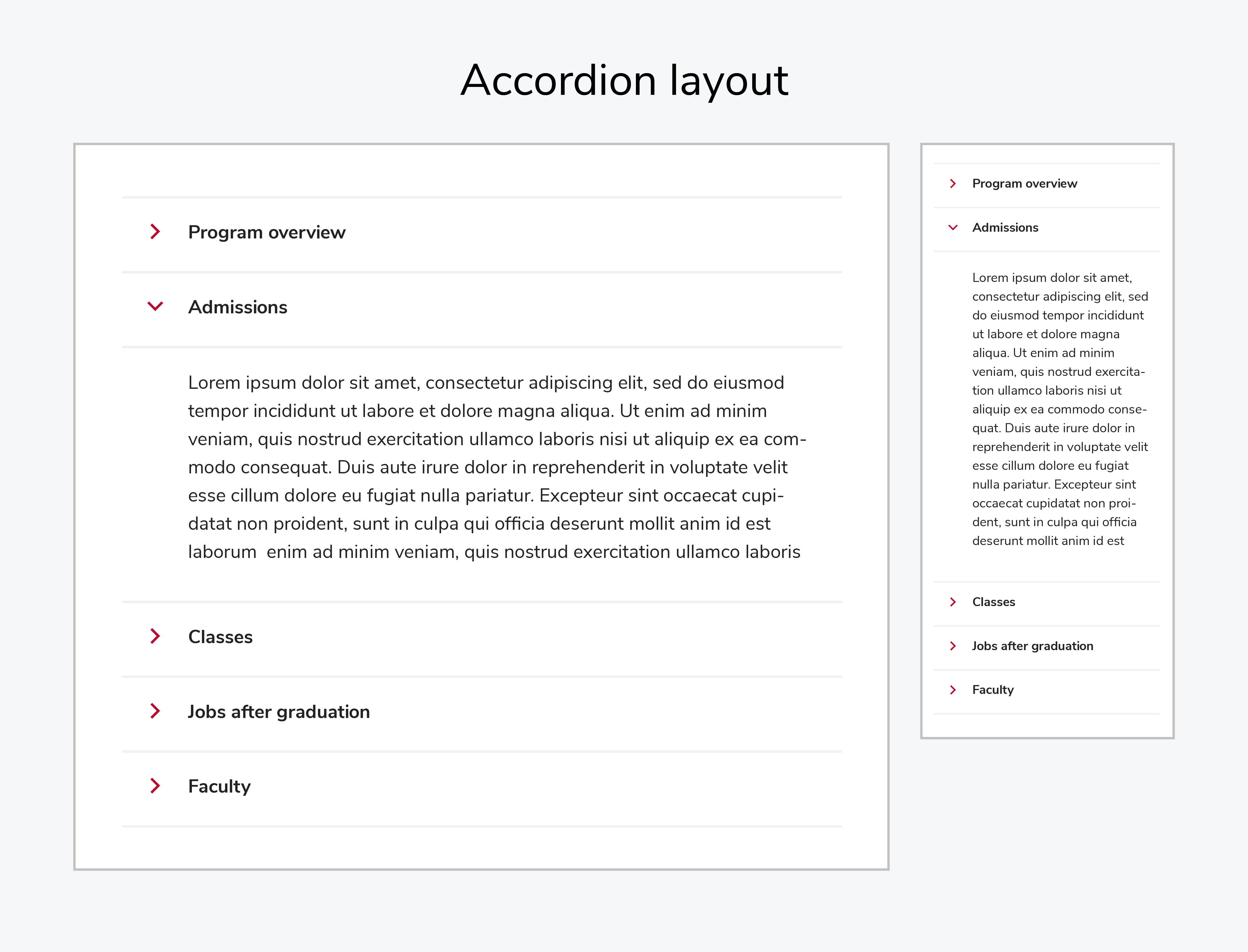 Graphic showing how an Accordion component appears on desktop and mobile views