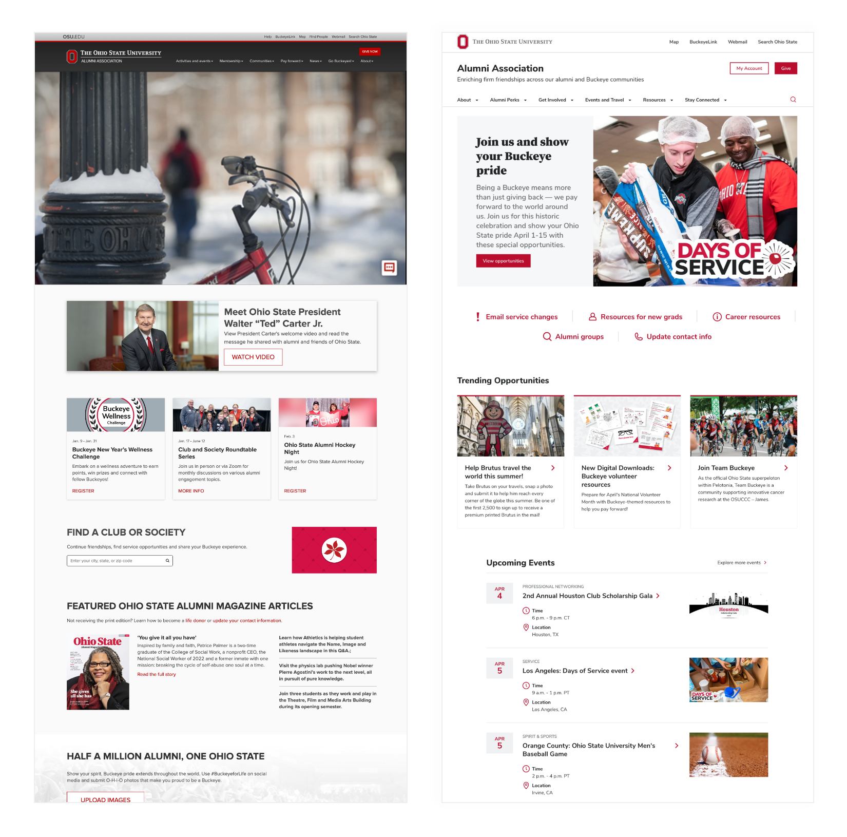 Previous Alumni homepage (left) and redesigned Alumni homepage (right)