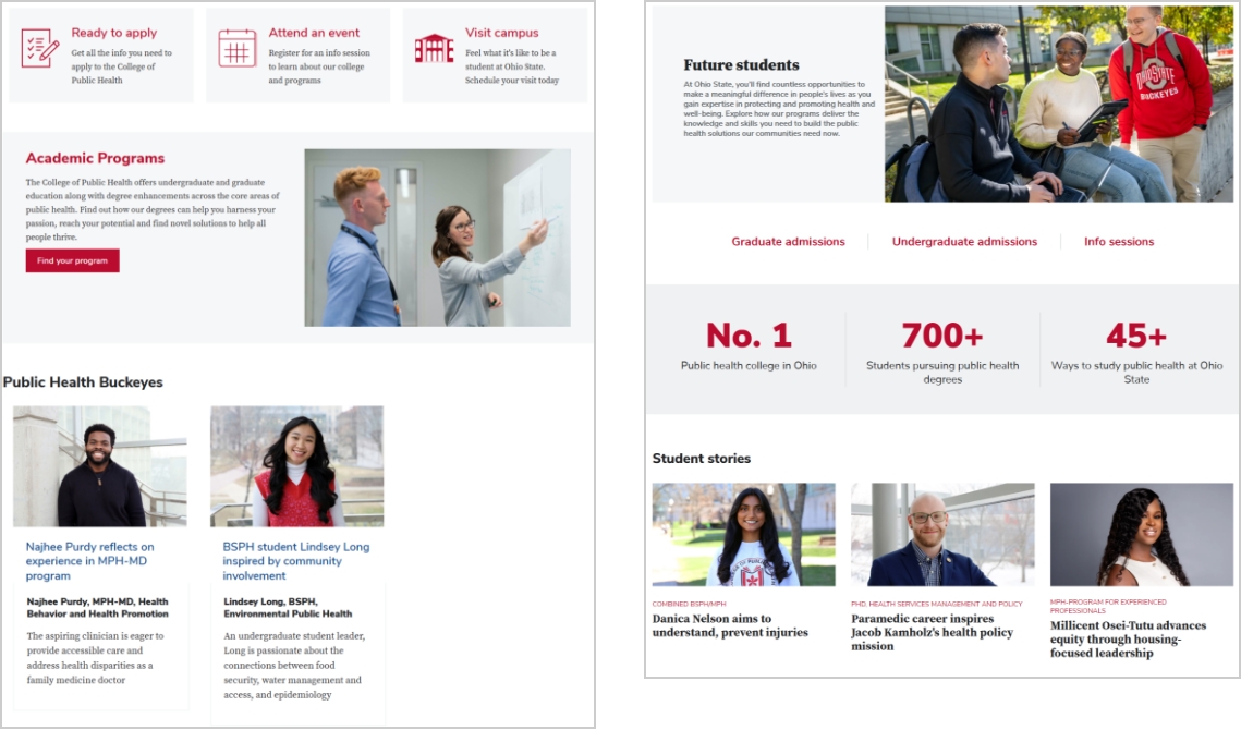 Side-by-side comparison of legacy web components and updated components using the BUX design system, showing standardized layouts, spacing, typography and call-to-action buttons.