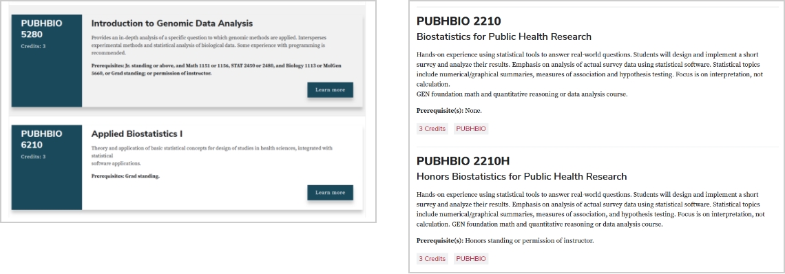 Comparison of course listings before and after redesign, highlighting a simplified single-column layout with primary colors, clearer typography and consistent presentation across desktop and mobile views.