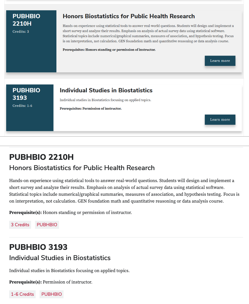 Comparison of course listings before and after redesign, highlighting a simplified single-column layout with primary colors, clearer typography and consistent presentation across desktop and mobile views.