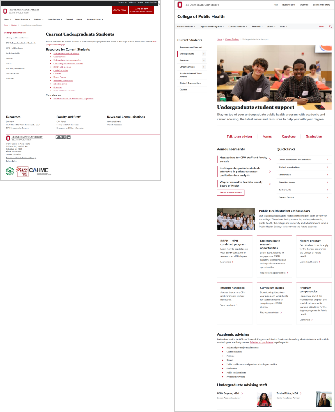 Comparison of the Current Undergraduate Students page before and after redesign, illustrating a shift from text-heavy lists to a visually organized layout with grouped resources, imagery, quick links and advising information.