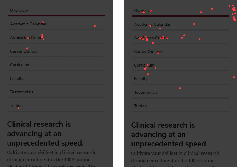 Two side‑by‑side mobile heatmaps of webpages using the same accordion set. Multiple red dots appear on and around the accordion headings, indicating rage clicks from users repeatedly tapping the items, likely because they did not notice the content changing below the accordion.