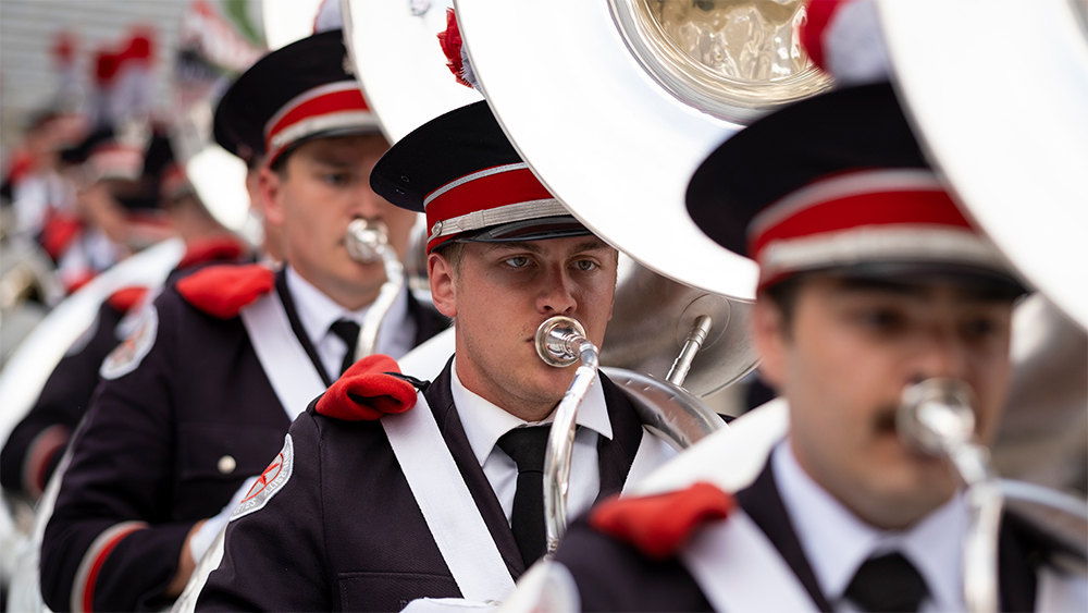 The OSU Marching Band joins first year students as they show their Buckeye spirit while celebrating and socializing during the Buckeye Kickoff event at Ohio Stadium (The Horseshoe) on campus to welcome new students and begin the fall semester.