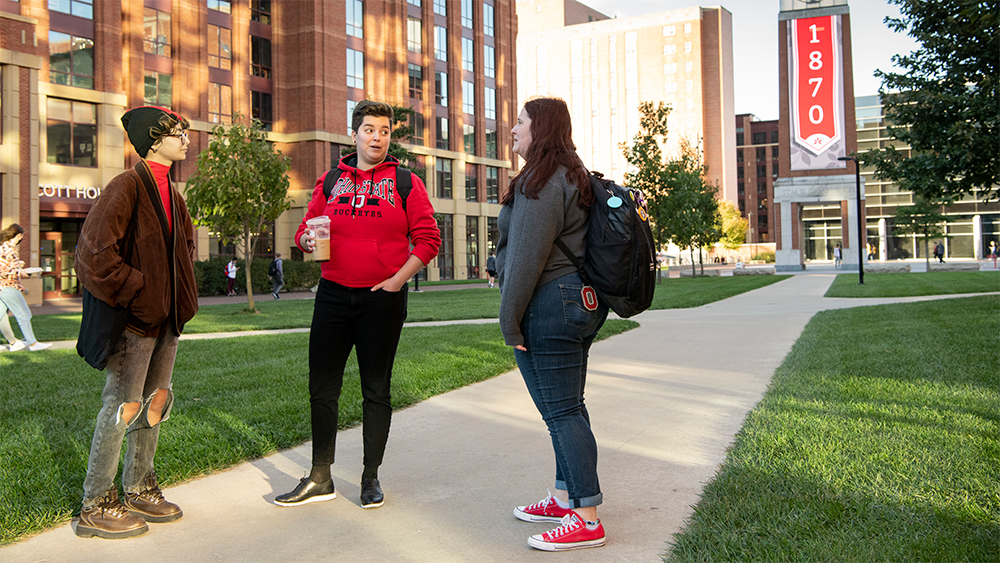 Brand photography shoot on North Campus with models Kala McClure (red hoodie), Ashley Stroud (grey shirt) and Lulu Montes (red hat)
North Campus