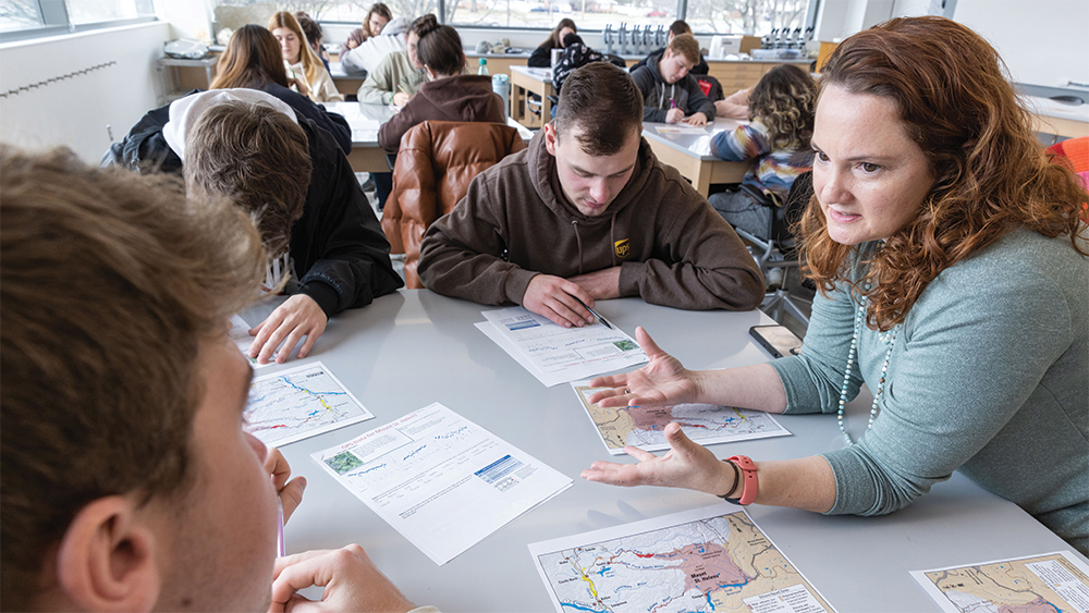 (Left to Right) Cameron Casto, Eric Lovelace, Ricky Collins, Jill S. Leonard-Pingel. Earth Science 1200 in room 205 Alford Center on the Newark campus. Professor Jill S. Leonard-Pingel, PhD (Green shirt /red long hair) Learning Spaces OSAM Spring 23