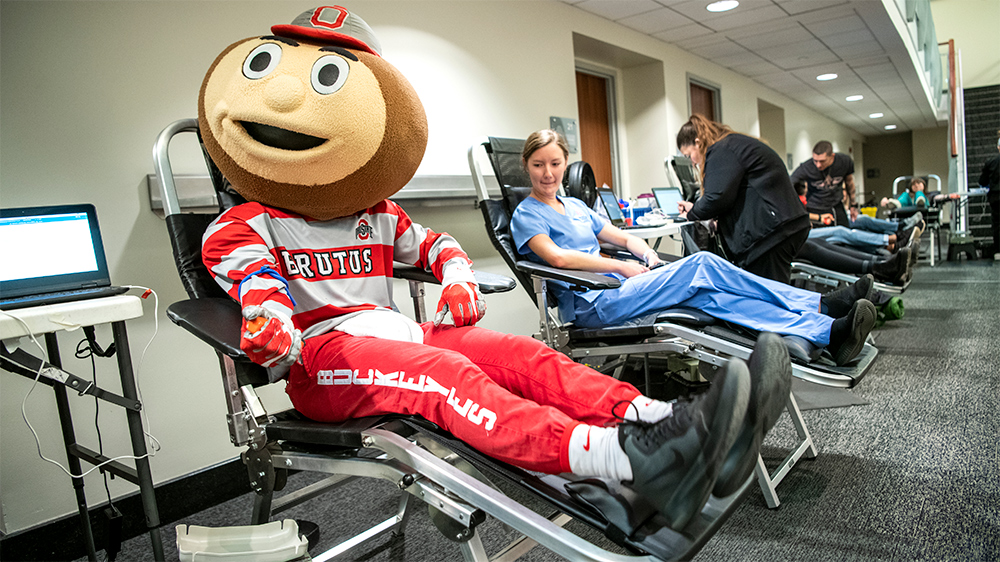Brutus Buckeye at the Blood Battle blood drive at Ohio Stadium, Versiti