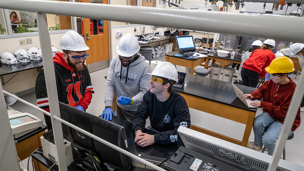 Modern learning environment setting in the lower level of the Chemical & Biomolecular Engineering | College of Engineering (CBEC) Unit Operations Laboratory (Room 030). The lab offers chemical engineering students a chance to simulate about a dozen or more real world setups and experiences they would find on the job. 