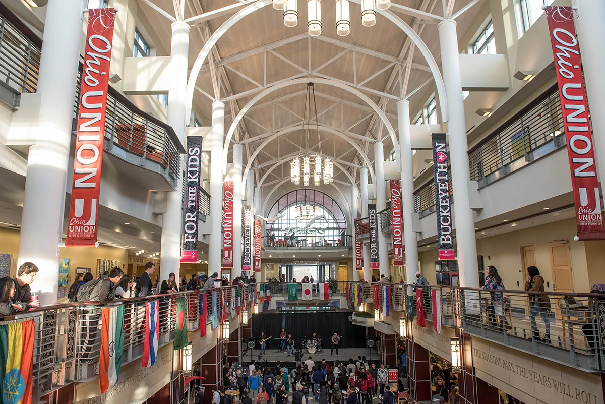 The Great Hall of the Ohio Union decorated with the flags from many countries during the Taste of OSU student event.